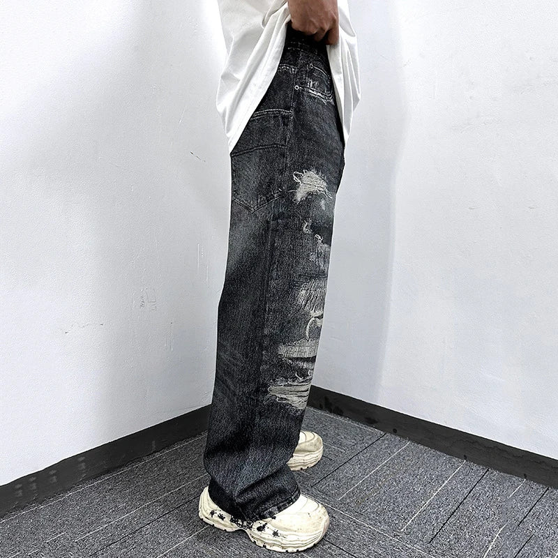 High Street Men's Jeans Trendy Printed Pattern Washed Worn-out Straight Leg Jeans American Style Male Denim Pants 9W1864