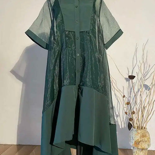 Load image into Gallery viewer, Women Green Organza Irregular Shirt Dress New Stand Collar Half Sleeve Loose Fit Fashion Tide Spring Summer 2025 JT581
