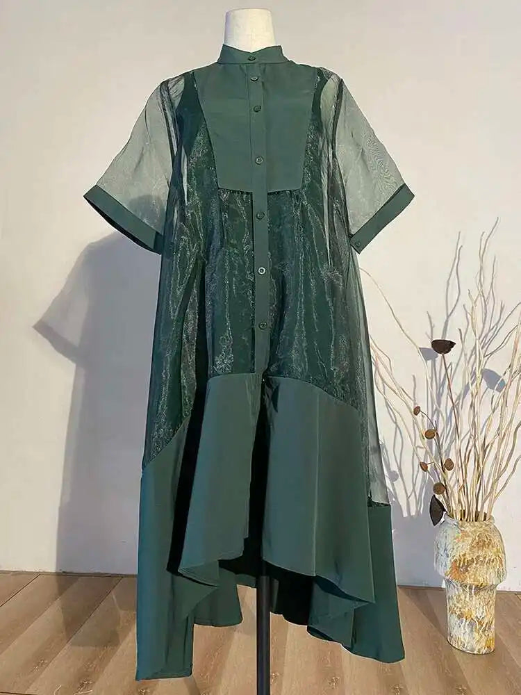 Women Green Organza Irregular Shirt Dress New Stand Collar Half Sleeve Loose Fit Fashion Tide Spring Summer 2025 JT581