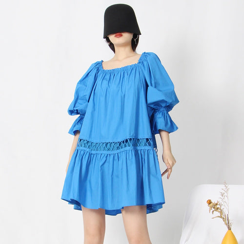 Load image into Gallery viewer, Loose Spring Dress For Women Square Collar Long Sleeve Solid Patchwork Cut Out Mini Dresses Female Fashion Clothing
