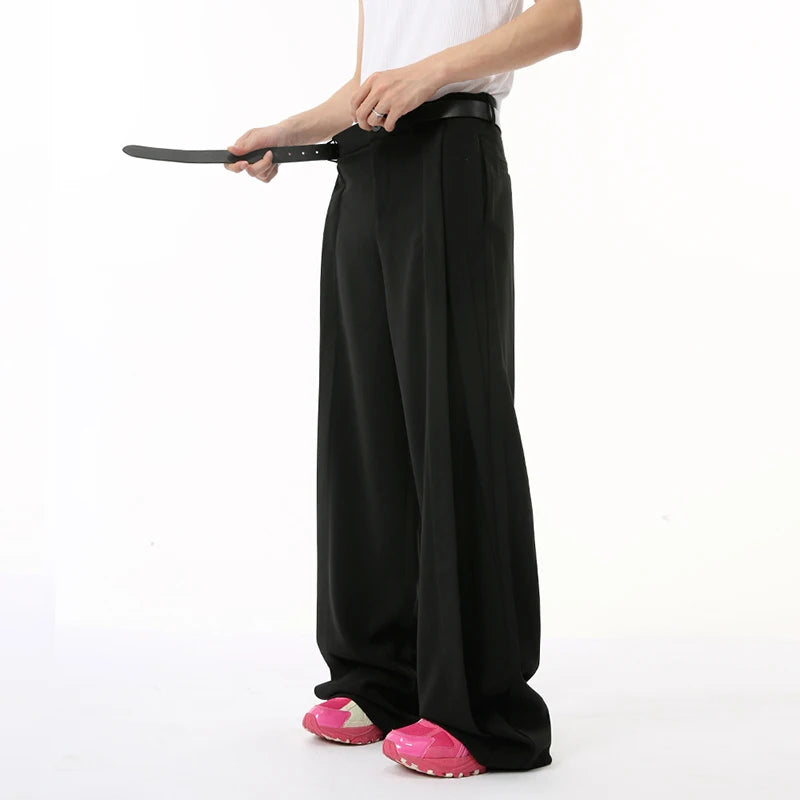 Korean Style Men's Suit Pants Pleated Straight Wide Leg Male Trousers Solid Color Loose Bottom Simple 9C6832