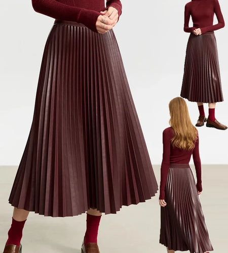 Minimalist Retro Fashion Women Skirts 2024 Winter New A-line Pleated PU Simple Office Lady Leather Skirt Female 12323021