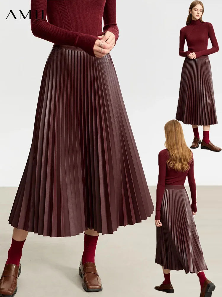 Minimalist Retro Fashion Women Skirts 2024 Winter New A-line Pleated PU Simple Office Lady Leather Skirt Female 12323021