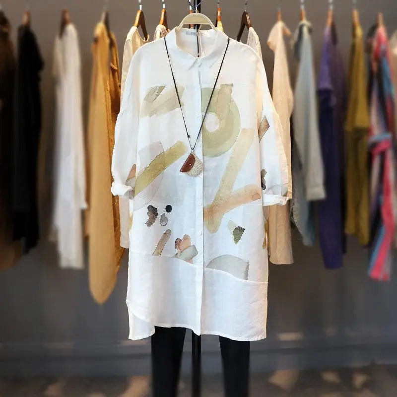 Summer Women Blouses Long Sleeve Top Print Casual Fashion Shirts Spring Clothes Female Loose Medium Long Uv Protective Blouse