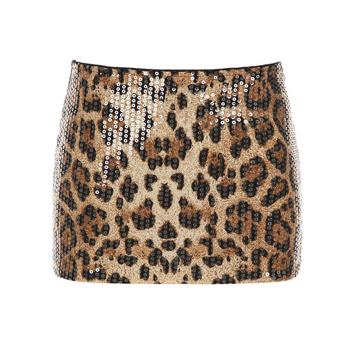 Load image into Gallery viewer, Sexy Leopard Printed Sequins Patchwork Mini Skirts Women Bodycon Low Waist Super Short Clubwear Skirt Vintage Bottoms

