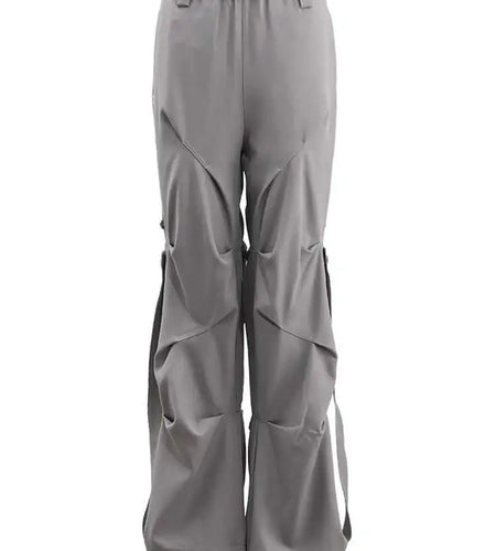 High Elastic Waist Gray Pleated Irregular Long Cargo Pants New Trousers Women Fashion Tide Spring Autumn 2025 CPG1628