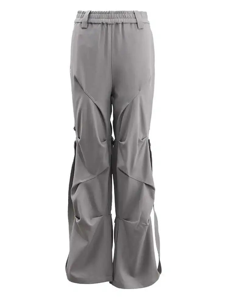 High Elastic Waist Gray Pleated Irregular Long Cargo Pants New Trousers Women Fashion Tide Spring Autumn 2025 CPG1628