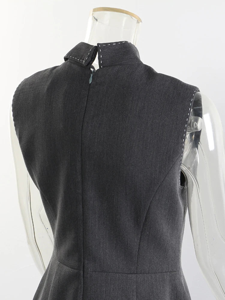 Women Gray Topstitched Mesh Elegant Shaped Long Dress New V-Neck Sleeveless Fashion Tide Spring Autumn 2025 1DJ0343