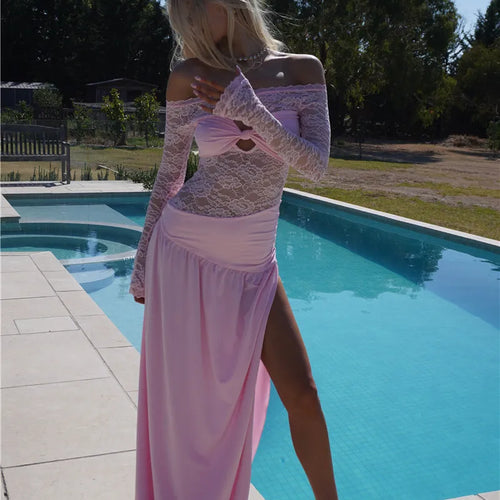 Load image into Gallery viewer, Lace Hollow Out Sexy Maxi Dress Women Gown Off-shoulder Strapless Long Sleeve Backless Split Pleated Long Dress
