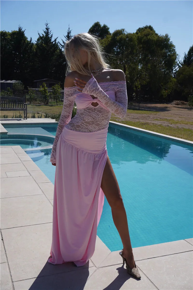 Lace Hollow Out Sexy Maxi Dress Women Gown Off-shoulder Strapless Long Sleeve Backless Split Pleated Long Dress