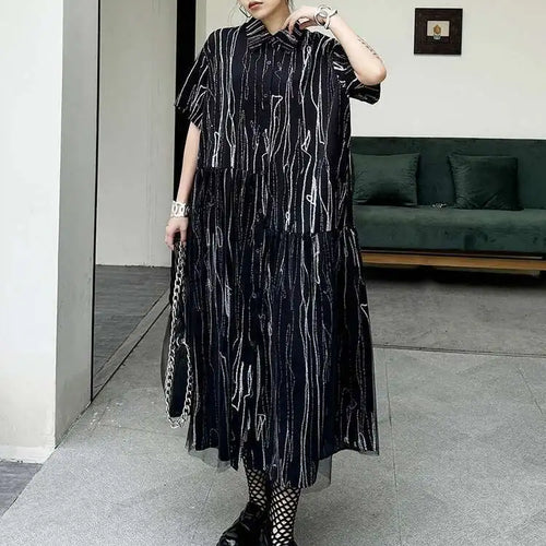 Load image into Gallery viewer, Women Black White Tie Dye Mesh Big Size Midi Shirt Dress New Lapel Short Sleeve Fashion Tide Spring Summer 2025 1DH5962

