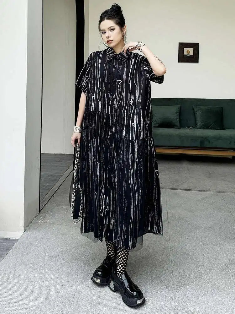 Women Black White Tie Dye Mesh Big Size Midi Shirt Dress New Lapel Short Sleeve Fashion Tide Spring Summer 2025 1DH5962