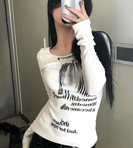 Grunge Print Long Sleeve T-shirt Korean Fashion Graphic T Shirts Y2k Aesthetics Kpop Tops Sexy Slim Tee Shirt Streetwear