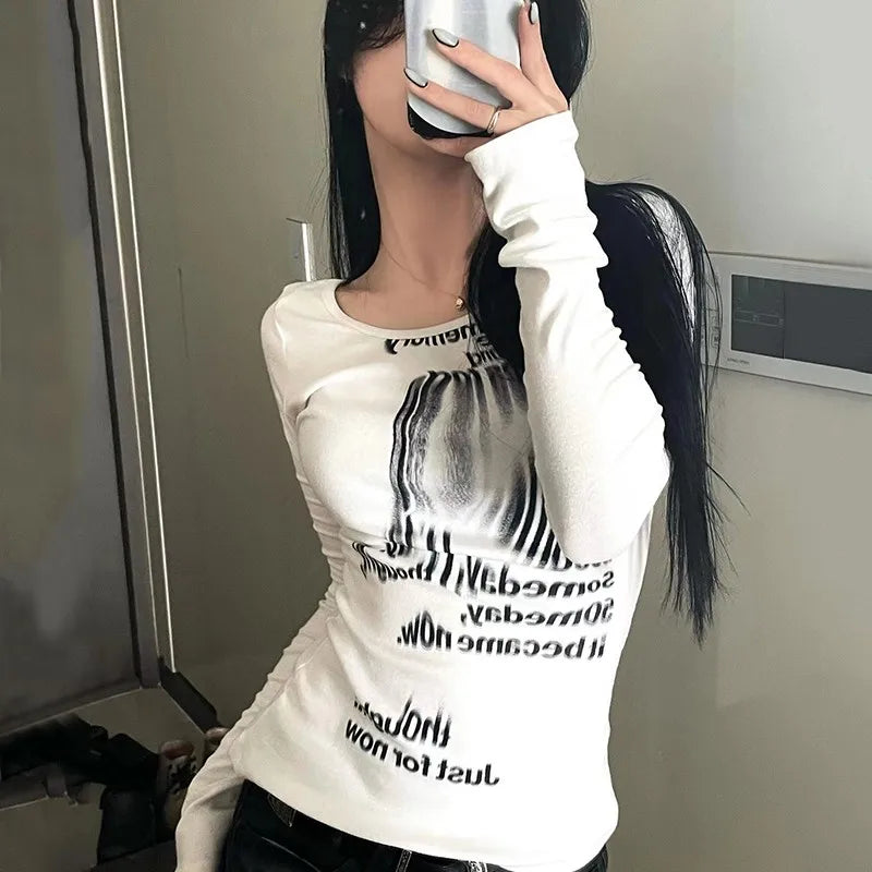Grunge Print Long Sleeve T-shirt Korean Fashion Graphic T Shirts Y2k Aesthetics Kpop Tops Sexy Slim Tee Shirt Streetwear