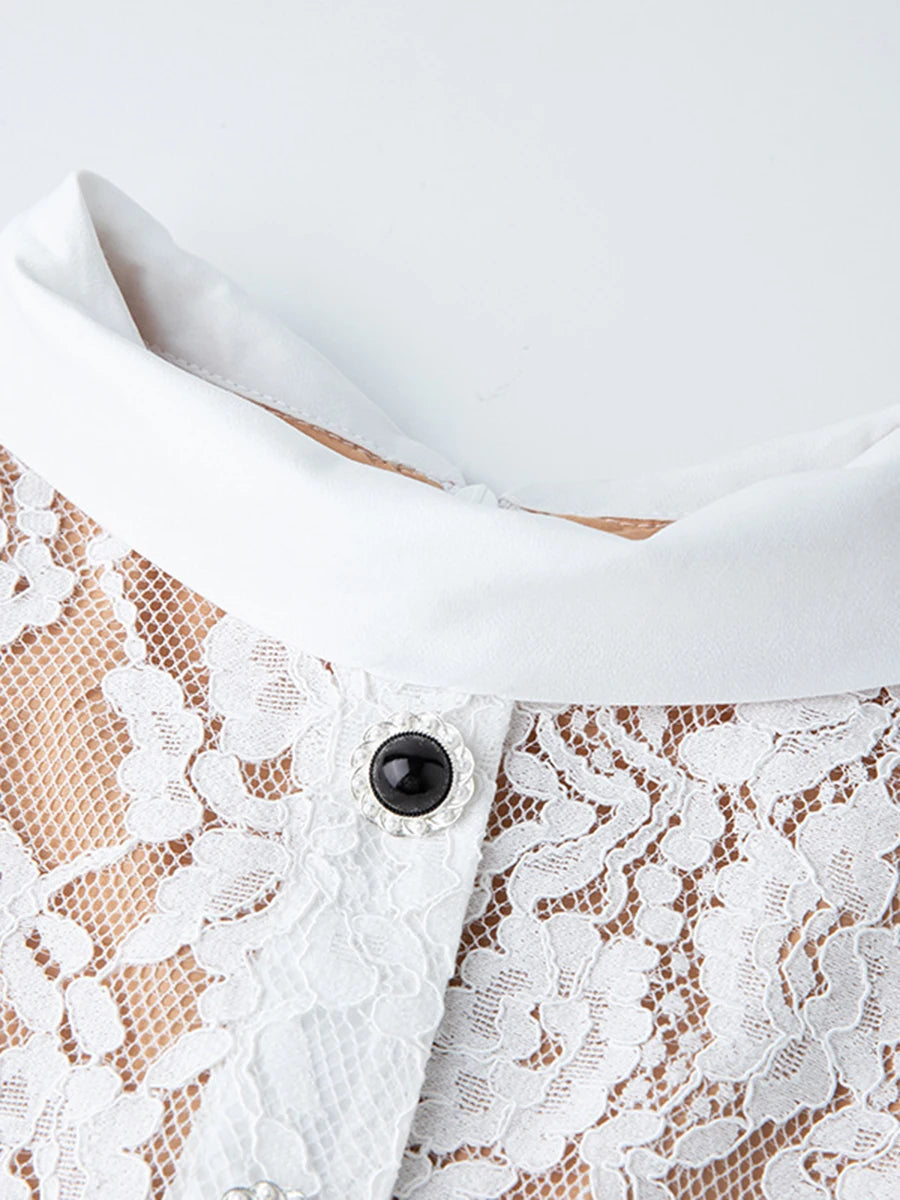 Solid Spliced Lace Slimming Dresses For Women O Neck Short Sleeve High Waist Patchwork Button Dress Female Fashion