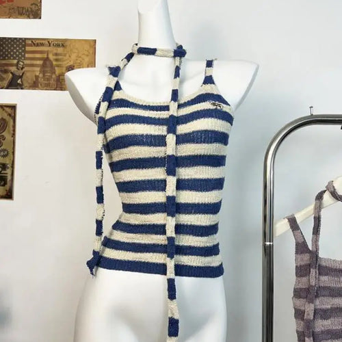 Load image into Gallery viewer, Retro Women's Summer Purple Striped Slim Sexy Knit Vest Tops Korean Ladies Blue Patchwork Sleeveless Short Pullover Tank Popular
