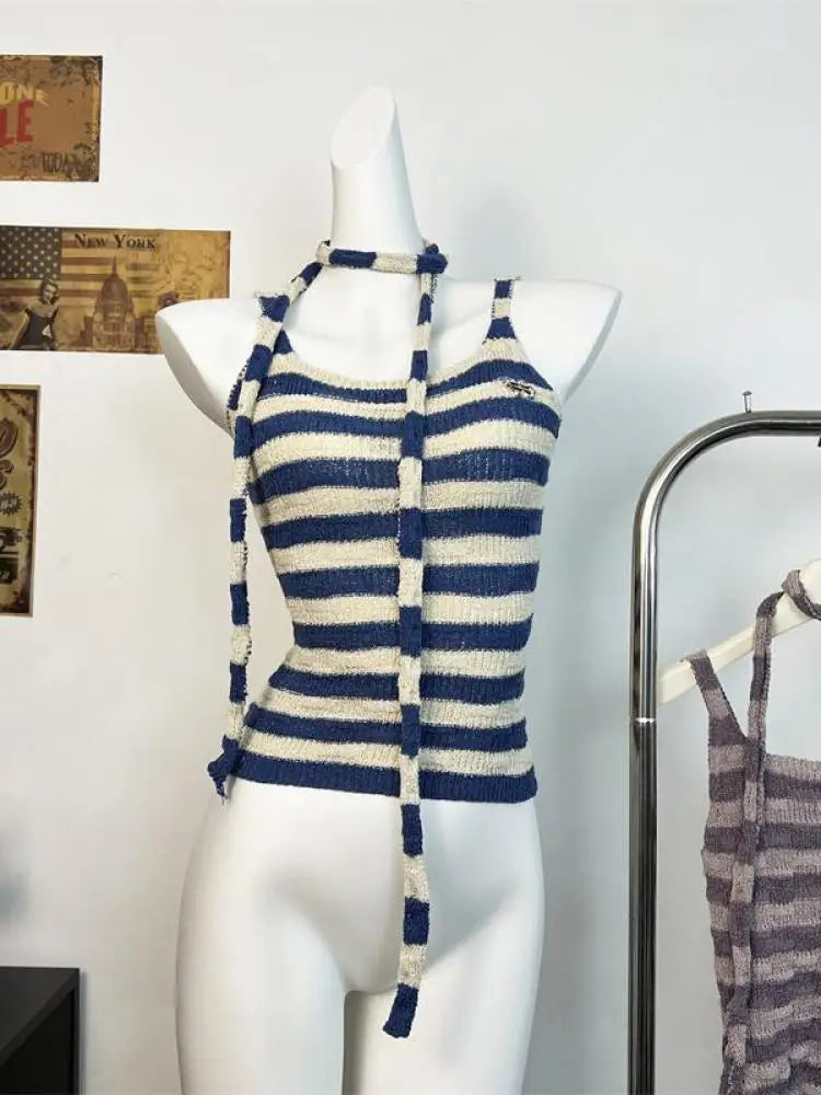 Retro Women's Summer Purple Striped Slim Sexy Knit Vest Tops Korean Ladies Blue Patchwork Sleeveless Short Pullover Tank Popular