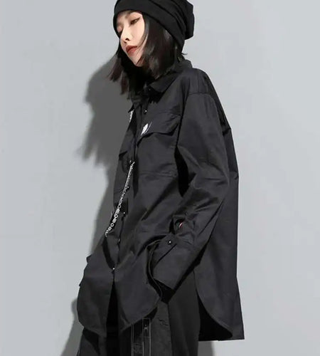 Women Black Metal Chain Long Big Size Blouse New Lapel Long Sleeve Loose Fit Shirt Fashion Tide Spring Autumn 2025 1DF1322