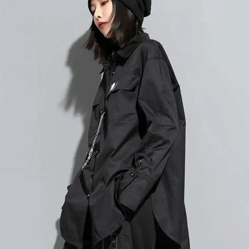 Load image into Gallery viewer, Women Black Metal Chain Long Big Size Blouse New Lapel Long Sleeve Loose Fit Shirt Fashion Tide Spring Autumn 2025 1DF1322
