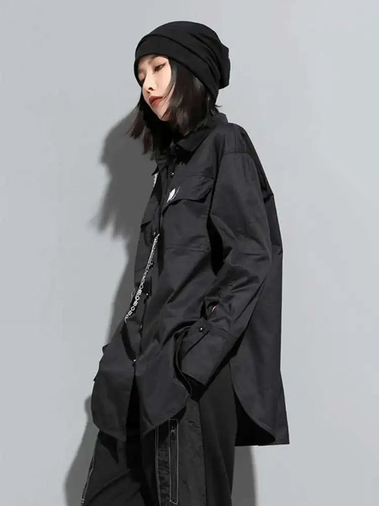 Women Black Metal Chain Long Big Size Blouse New Lapel Long Sleeve Loose Fit Shirt Fashion Tide Spring Autumn 2025 1DF1322