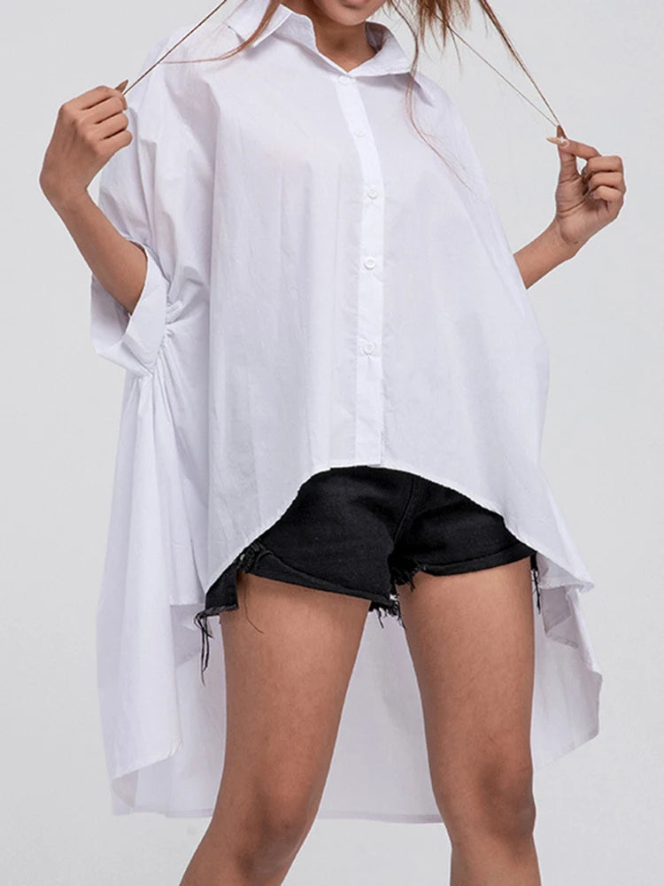 Women White Irregular Big Size Blouse New Lapel Half Sleeve Loose Fit Shirt Fashion Tide Spring Autumn 2025 1DD2323