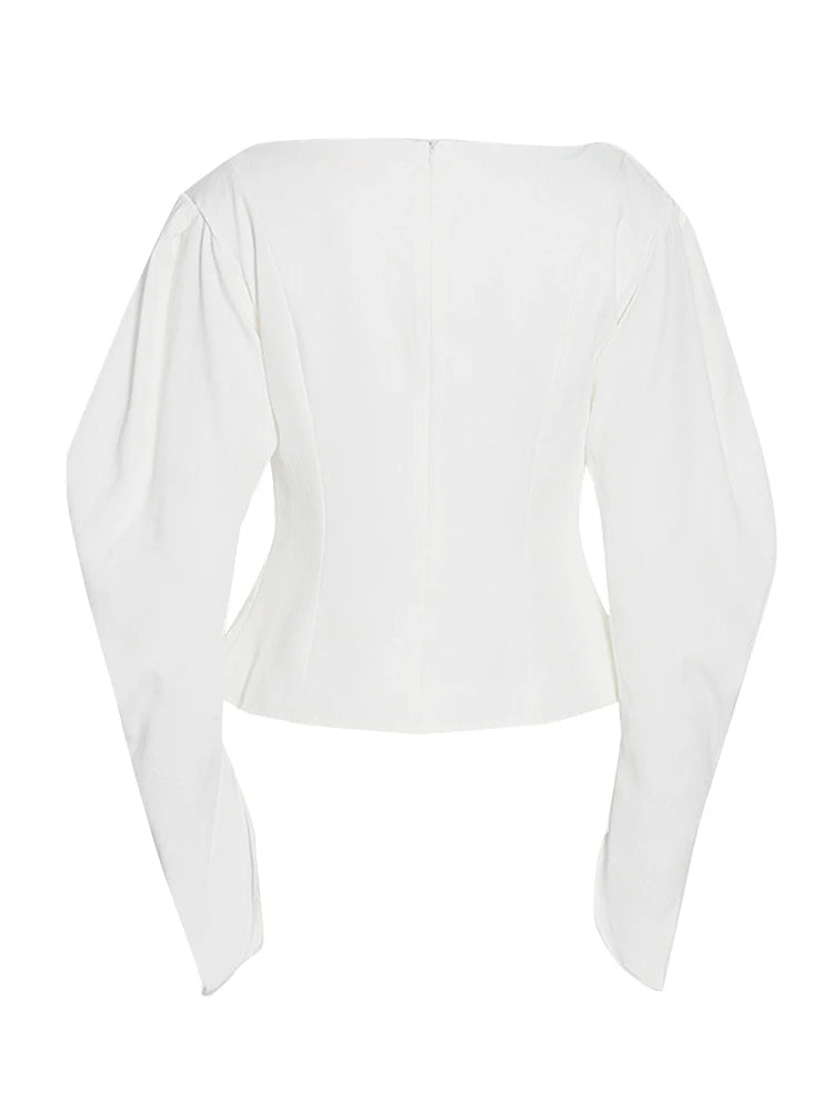 Solid Patchwork Pearls Minimalist Blouse For Women V Neck Long Sleeve Irregular Casual Short Shirt Female Fashion Clothing