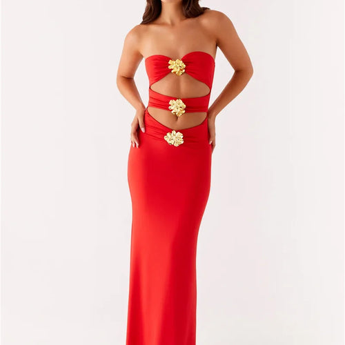 Load image into Gallery viewer, Metal Rose Hollow Out Sexy Maxi Dress Women Beach Holiday Gown Strapless Off-shoulder Backless Bodycon Club Long Dress
