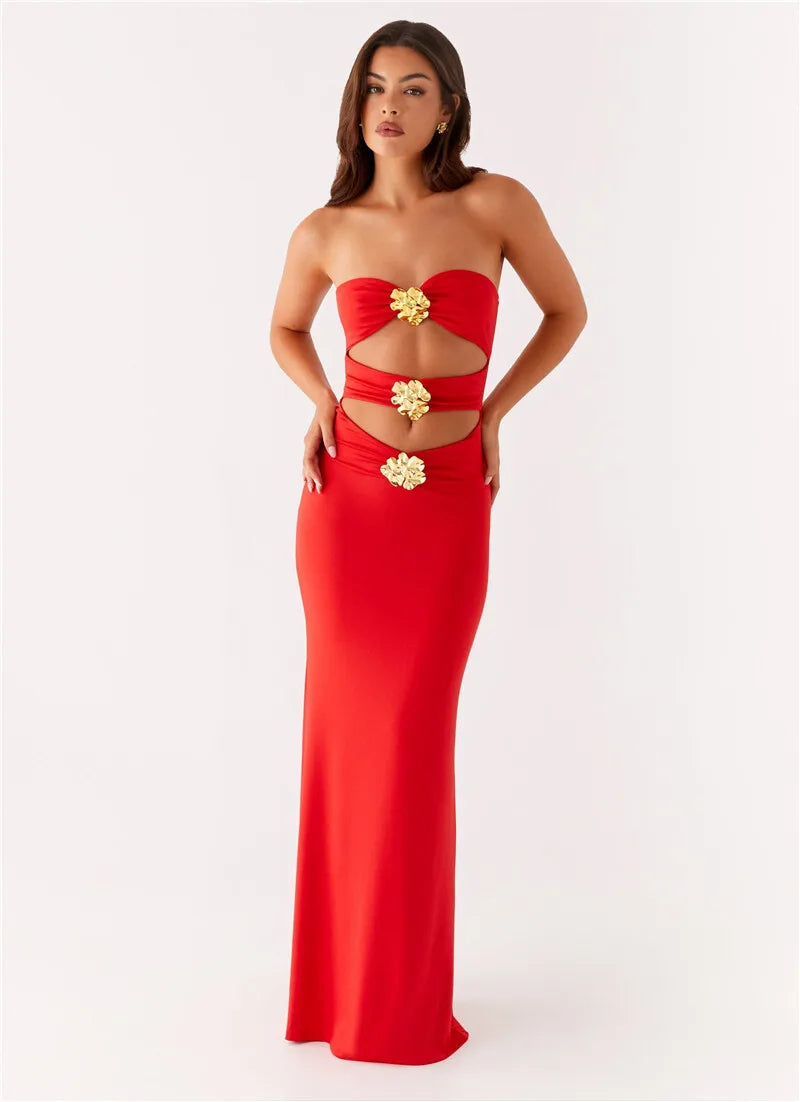 Metal Rose Hollow Out Sexy Maxi Dress Women Beach Holiday Gown Strapless Off-shoulder Backless Bodycon Club Long Dress