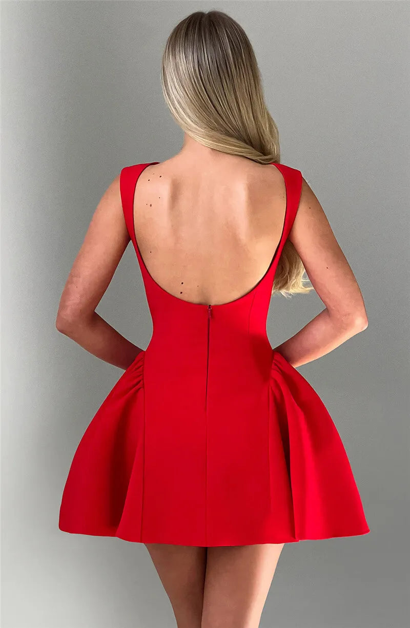 Backless High Waist A-line Sexy Mini Dress For Women Robe Fashion Solid O Neck Bodycon Club Party Sexy Dress Elegant