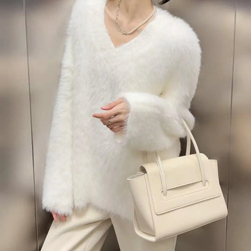 Load image into Gallery viewer, French 2024 Autumn Winter White Loose Vacation Mink Sweater Women V-neck Knitwear Office Lady Pullover Long Sleeve Tops Clothes
