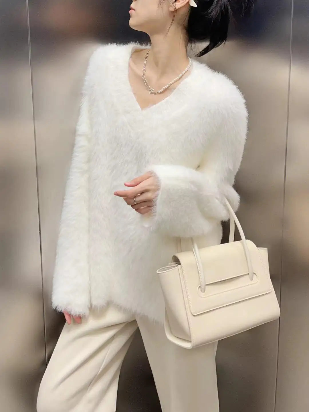 French 2024 Autumn Winter White Loose Vacation Mink Sweater Women V-neck Knitwear Office Lady Pullover Long Sleeve Tops Clothes