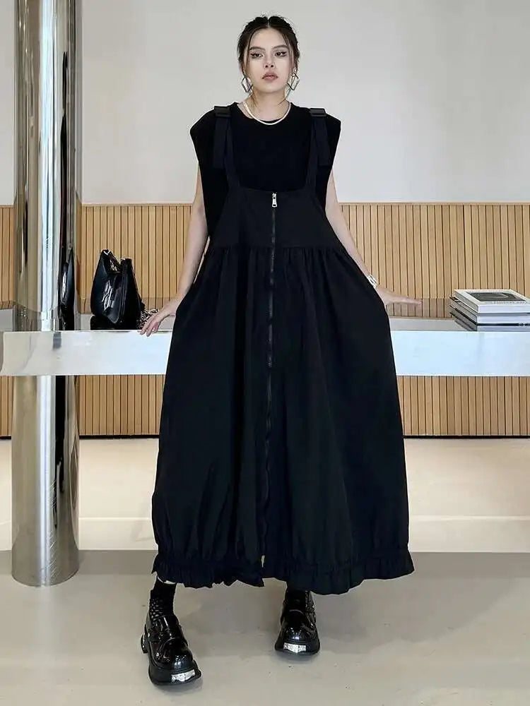 Women Green Pleated Pocket Big Size Strap Dress New Square Collar Sleeveless Fashion Tide Spring Autumn 2025 1DH6067