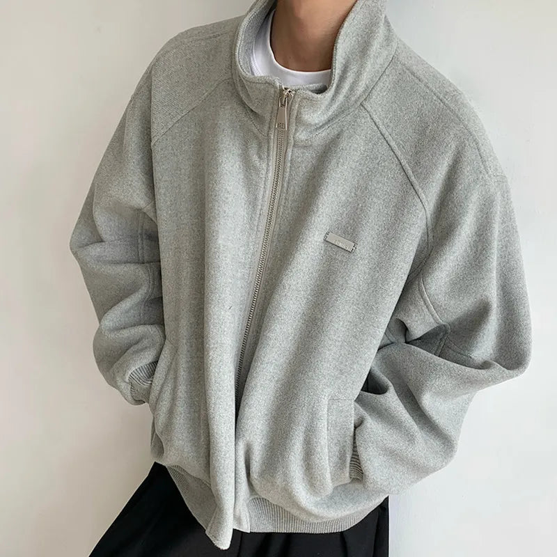 Korean Style Men's Jackets Loose Thickened Stand Collar Woolen Tops Cotton Solid Color Casual Male Coats Winter Chic 9C8929