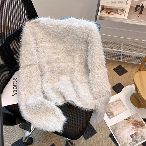 Load image into Gallery viewer, Autumn Winter Vintage Fashion 2024 New Solid Elegant Pearl Button Imitation Mink Short Sweater Women V Neck Cardigan Knit Tops
