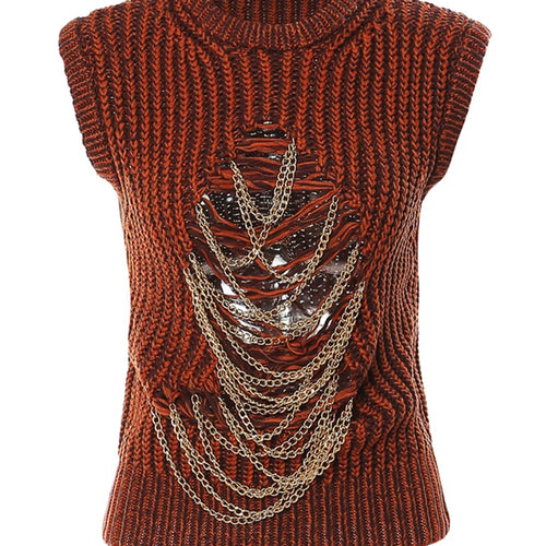 Load image into Gallery viewer, Metal Chain Knitting Sweater Loose Fit Round Neck Sleeveless Women Pullovers New Fashion Tide Autumn Winter 2025 1DF2067
