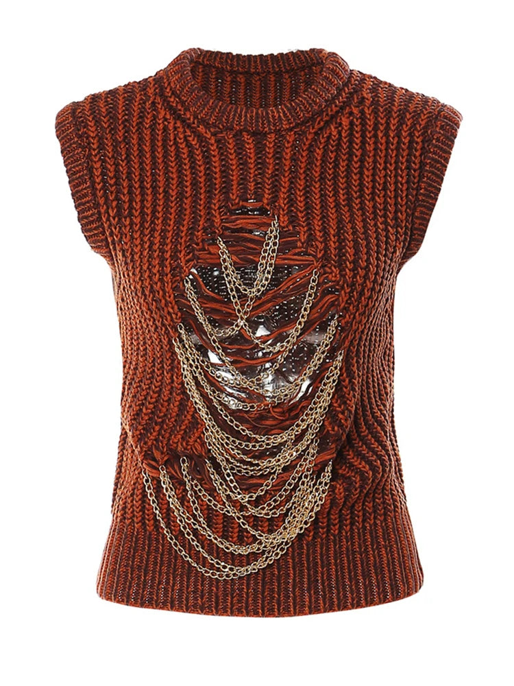 Metal Chain Knitting Sweater Loose Fit Round Neck Sleeveless Women Pullovers New Fashion Tide Autumn Winter 2025 1DF2067