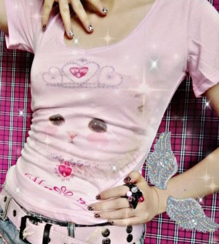 2025 New Kawaii Cartoon Cat Print Crop Top Summer Sweet Y2k Aesthetic Ins Women T-shirt Japanese Fashion Slim Harajuku Tee Shirt