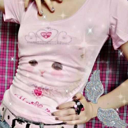 Load image into Gallery viewer, 2025 New Kawaii Cartoon Cat Print Crop Top Summer Sweet Y2k Aesthetic Ins Women T-shirt Japanese Fashion Slim Harajuku Tee Shirt
