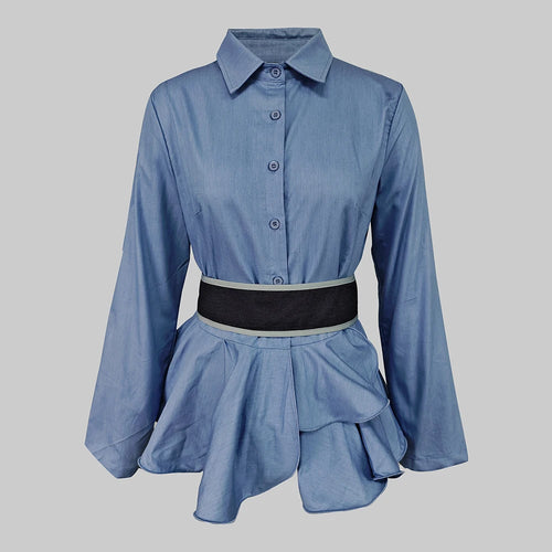 Load image into Gallery viewer, Women‘s Vintage Blue Blouses 2024 Autumn Buttoned Ruffled Lapel with Belted Class Long Sleeves Shirts Tops for Women
