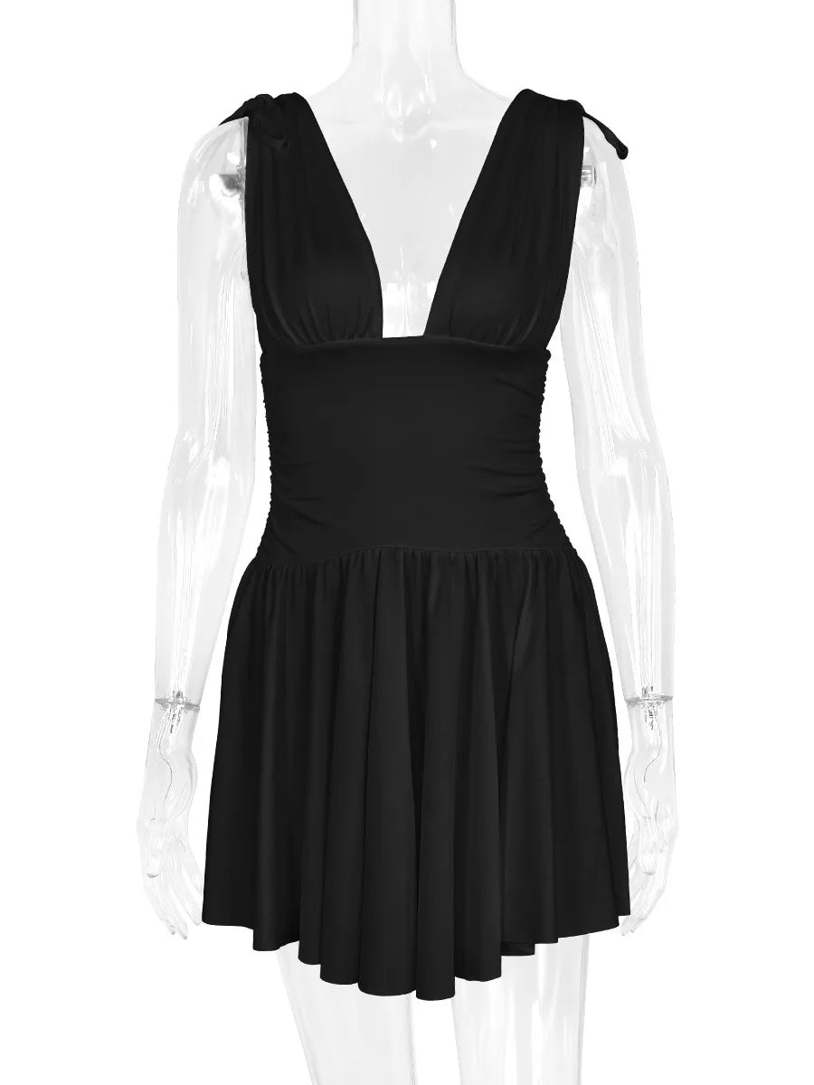 Sexy Deep V Bodycon Women Dress Sleeveless Short Skirt 2024 Sexy Fall Pleated Skirt Party Vestido Slim  Evening Dress