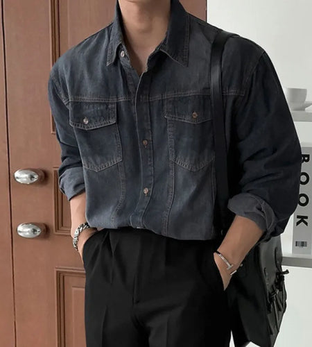Men's Denim Shirt Solid Color Male Spring Single Breasted Shirts New Korean Turn-down Collar Loose Trendy Top 9W1450