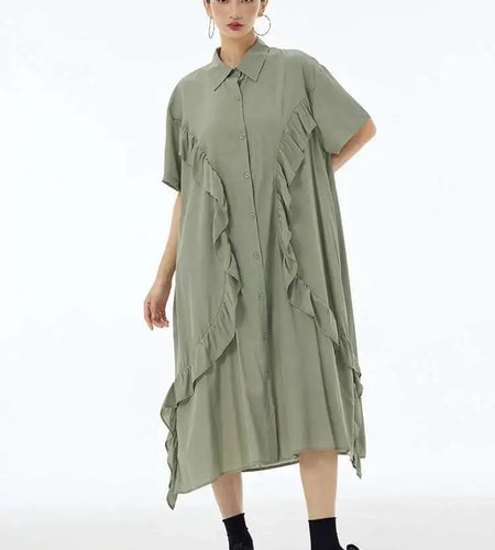 Women Green Irregular Ruffles Big Size Midi Shirt Dress New Lapel Short Sleeve Fashion Tide Spring Summer 2025 1DH6080
