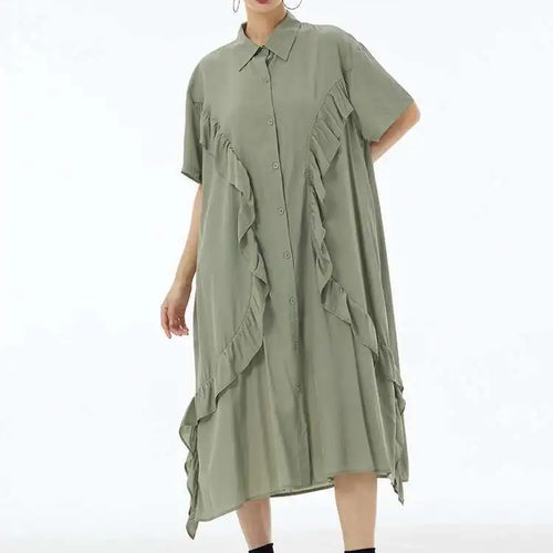 Load image into Gallery viewer, Women Green Irregular Ruffles Big Size Midi Shirt Dress New Lapel Short Sleeve Fashion Tide Spring Summer 2025 1DH6080
