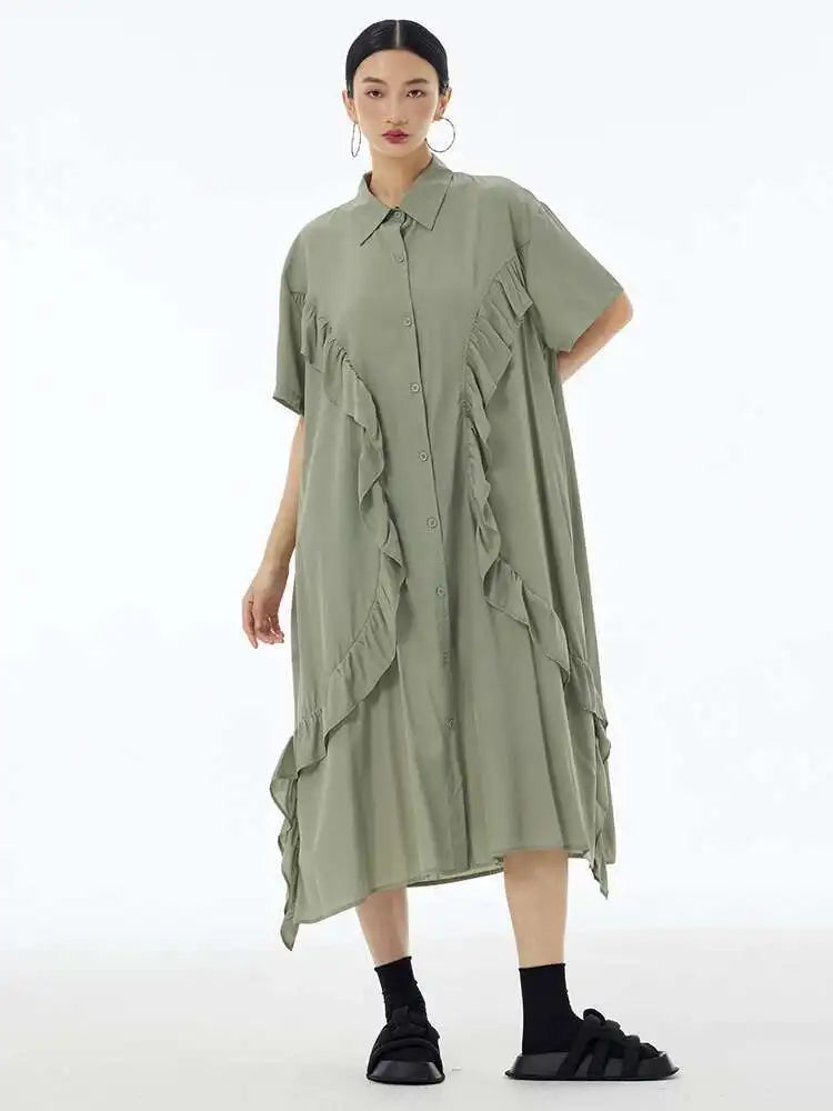 Women Green Irregular Ruffles Big Size Midi Shirt Dress New Lapel Short Sleeve Fashion Tide Spring Summer 2025 1DH6080