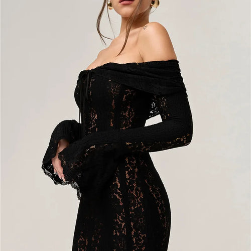 Load image into Gallery viewer, Lace Off-shoulder Sexy Maxi Dress Women Strapless Backless Long Sleeve Bodycon Evening Club Party Long Dress Elegant

