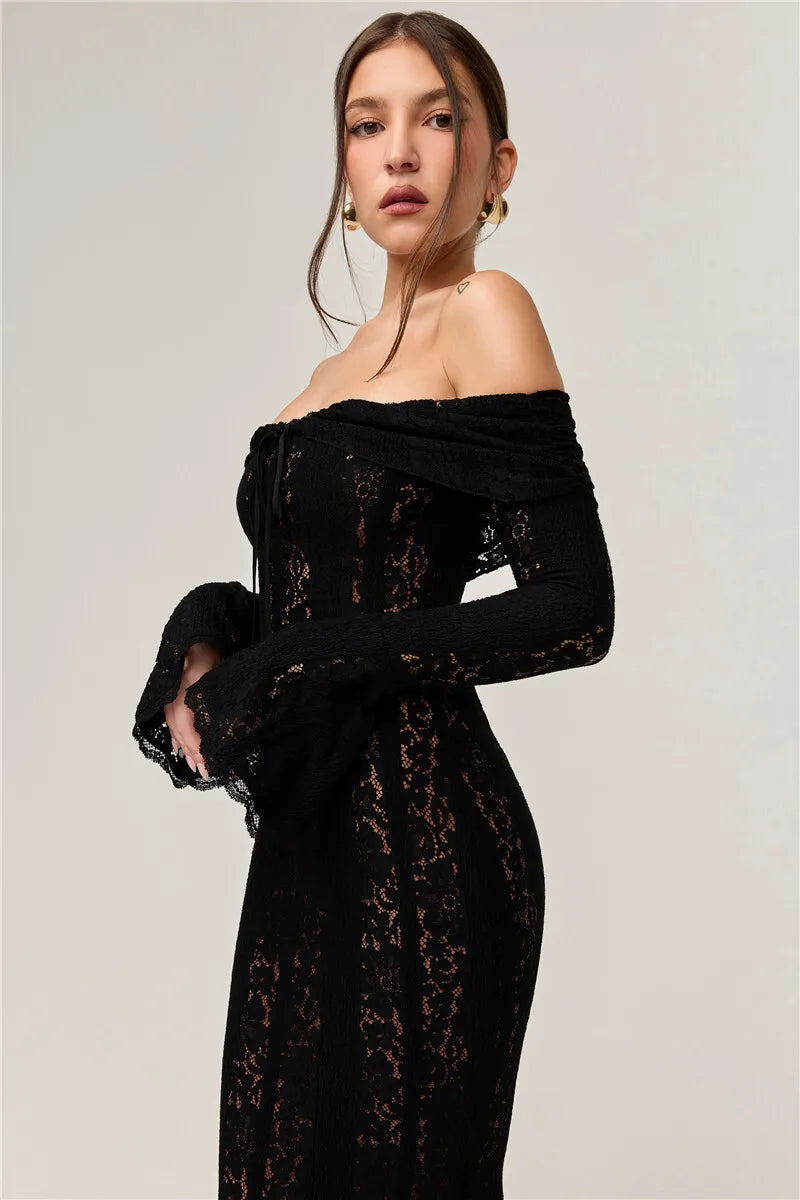 Lace Off-shoulder Sexy Maxi Dress Women Strapless Backless Long Sleeve Bodycon Evening Club Party Long Dress Elegant