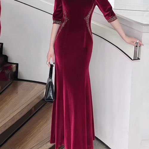 Load image into Gallery viewer, Solid Spliced Diamonds Slimming Dresses For Women O Neck Long Sleeve High Waist Temperament Dress Female Clothes
