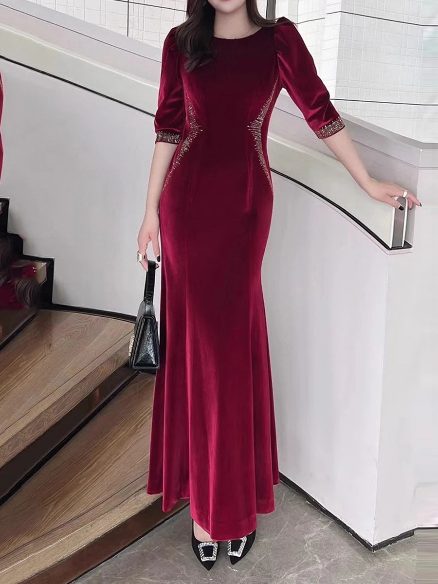 Solid Spliced Diamonds Slimming Dresses For Women O Neck Long Sleeve High Waist Temperament Dress Female Clothes