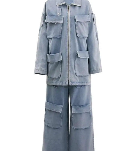 Big Size Denim  Jacket Wide Leg Pants Two Piece Suit New Lapel Long Sleeve Women Fashion Tide Spring Autumn 2025 CPG1716