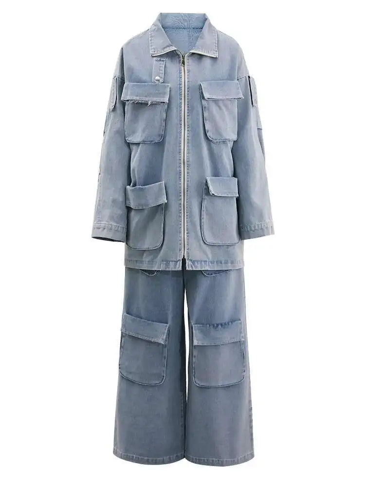 Big Size Denim  Jacket Wide Leg Pants Two Piece Suit New Lapel Long Sleeve Women Fashion Tide Spring Autumn 2025 CPG1716